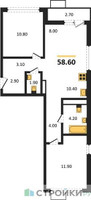 Планировка двухкомнатной(квартира) площадью 58.6 квадратных метров в “ЖК Скандинавия”