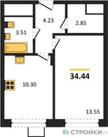 Планировка однокомнатной(квартира) площадью 34.44 квадратных метров в “ЖК Новоград Павлино”