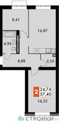 Планировка двухкомнатной(квартира) площадью 57.4 квадратных метров в ЖК “ЖК Жаворонки Клаб”