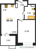 Планировка однокомнатной(квартира) площадью 39.1 квадратных метров в “ЖК Бунинские кварталы”