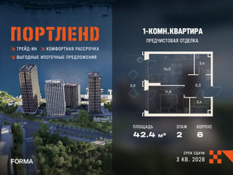 Планировка однокомнатной(квартира) площадью 42.4 квадратных метров в ЖК “ЖК Портленд”