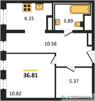 Планировка однокомнатной(квартира) площадью 36.81 квадратных метров в “ЖК Молжаниново”