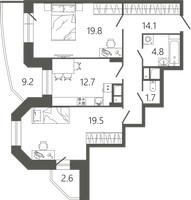 Планировка однокомнатной(квартира) площадью 51.1 квадратных метров в “ЖК Советская 18”