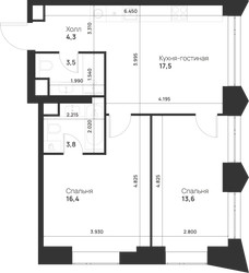 Планировка двухкомнатной(квартира) площадью 59.1 квадратных метров в ЖК “ЖК Войс”