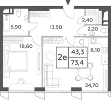 Планировка двухкомнатной(квартира) площадью 73.4 квадратных метров в “ЖК Will Towers (Вилл Тауэрс)”