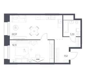 Планировка однокомнатной(апартаменты) площадью 49.55 квадратных метров в ЖК “ЖК Апарт-отель Тропарево парк”