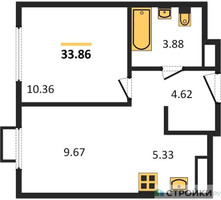 Планировка однокомнатной(квартира) площадью 33.86 квадратных метров в “ЖК Пятницкие луга”