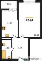 Планировка однокомнатной(квартира) площадью 47.44 квадратных метров в “ЖК Riga Hills (Рига Хиллс)”