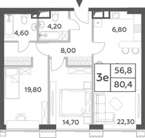 Планировка трехкомнатной(квартира) площадью 80.4 квадратных метров в “ЖК Will Towers (Вилл Тауэрс)”