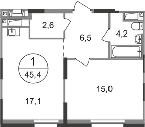 Планировка однокомнатной(квартира) площадью 45.4 квадратных метров в ЖК “ЖК Первый Московский”
