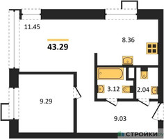 Планировка однокомнатной(апартаменты) площадью 43.29 квадратных метров в “ЖК N’ICE LOFT (Найс Лофт)”