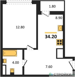 Планировка однокомнатной(квартира) площадью 34.2 квадратных метров в ЖК “ЖК Родные кварталы”