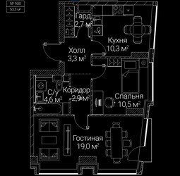 Планировка двухкомнатной(квартира) площадью 53.3 квадратных метров в ЖК “ЖК СЕЗАР БУДУЩЕЕ”