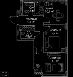 Планировка двухкомнатной(квартира) площадью 51.2 квадратных метров в ЖК “ЖК СЕЗАР БУДУЩЕЕ”