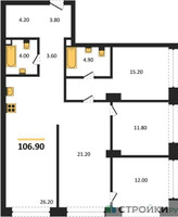 Планировка 4+ комнатной(квартира) площадью 106.9 квадратных метров в “ЖК Архитектурный проект RAKURS (Ракурс)”