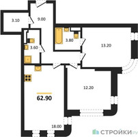 Планировка двухкомнатной(квартира) площадью 62.9 квадратных метров в “ЖК МАРК”