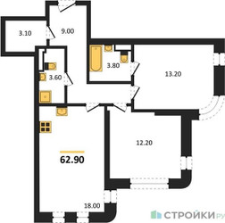 Планировка двухкомнатной(квартира) площадью 62.9 квадратных метров в ЖК “ЖК МАРК”