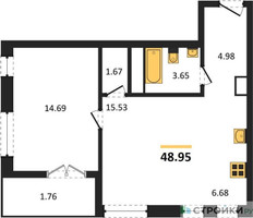 Планировка однокомнатной(квартира) площадью 48.95 квадратных метров в “ЖК Дюна”