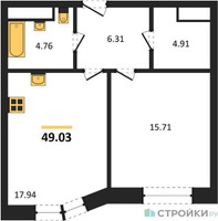 Планировка однокомнатной(квартира) площадью 49.03 квадратных метров в “ЖК Sezar City (Сезар Сити)”
