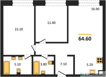 Планировка двухкомнатной(квартира) площадью 64.6 квадратных метров в ЖК “ЖК Moments (Моментс)”