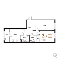 Планировка двухкомнатной(квартира) площадью 69 квадратных метров в “ЖК Новое Летово”