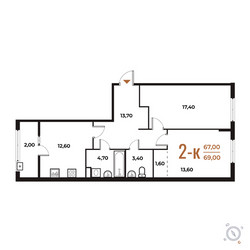 Планировка двухкомнатной(квартира) площадью 69 квадратных метров в ЖК “ЖК Новое Летово”