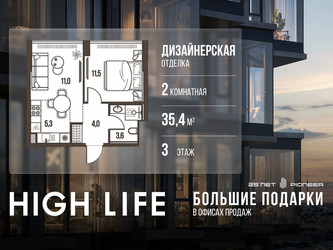 Планировка двухкомнатной(квартира) площадью 35.4 квадратных метров в ЖК “ЖК High Life (Хай Лайф)”