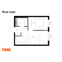 Планировка однокомнатной(квартира) площадью 34 квадратных метров в “ЖК Яуза Парк (Мытищи)”