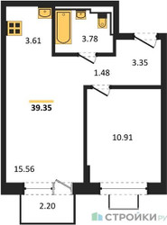Планировка однокомнатной(квартира) площадью 39.35 квадратных метров в ЖК “ЖК Богдановский Лес”