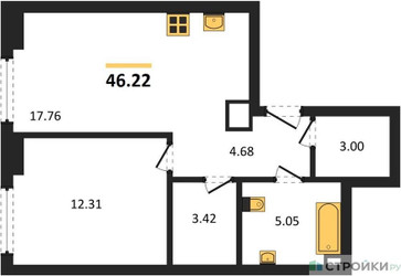 Планировка однокомнатной(квартира) площадью 46.22 квадратных метров в ЖК “ЖК "Гранд Фили"”