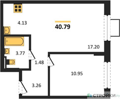 Планировка однокомнатной(квартира) площадью 40.79 квадратных метров в “ЖК Подольские кварталы”