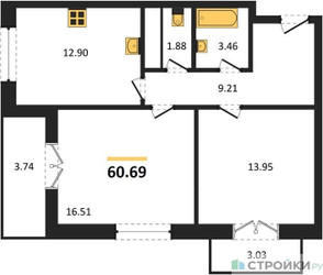Планировка двухкомнатной(квартира) площадью 60.69 квадратных метров в “ЖК Одинбург”