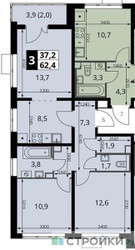 Планировка трехкомнатной(квартира) площадью 62.4 квадратных метров в “ЖК ЮЖНАЯ БИТЦА”