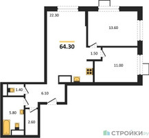 Планировка двухкомнатной(квартира) площадью 64.3 квадратных метров в “ЖК Foreville (Форевилль)”