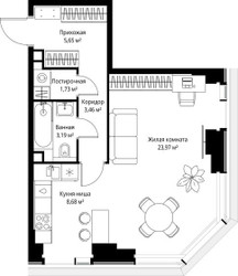 Планировка однокомнатной(квартира) площадью 46.68 квадратных метров в ЖК “Мультиквартал СИТИДЗЕН”