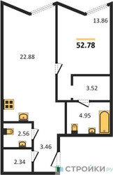 Планировка однокомнатной(апартаменты) площадью 52.78 квадратных метров в ЖК “ЖК Insider (Инсайдер)”