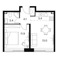Планировка двухкомнатной(апартаменты) площадью 35.8 квадратных метров в “ЖК Аквилон Signal (Аквилон Сигнал)”