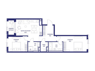Планировка двухкомнатной(квартира) площадью 75.3 квадратных метров в ЖК “ЖК Событие”
