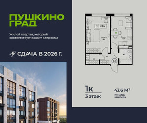 Планировка однокомнатной(квартира) площадью 43.6 квадратных метров в ЖК “ЖК Пушкино Град”
