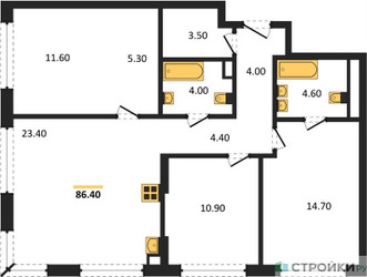 Планировка трехкомнатной(квартира) площадью 86.4 квадратных метров в ЖК “ЖК Portland (Портланд)”