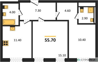 Планировка двухкомнатной(квартира) площадью 55.7 квадратных метров в “ЖК Сиреневый парк”