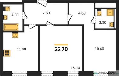 Планировка двухкомнатной(квартира) площадью 55.7 квадратных метров в ЖК “ЖК Сиреневый парк”
