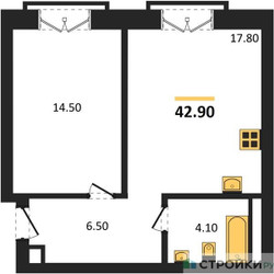 Планировка однокомнатной(квартира) площадью 42.9 квадратных метров в ЖК “ДД:ОО:ММ. Дом на Часовой”