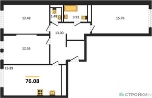 Планировка трехкомнатной(квартира) площадью 76.08 квадратных метров в “ЖК Остафьево”