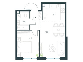 Планировка двухкомнатной(квартира) площадью 44.6 квадратных метров в ЖК “ЖК Левел Мичуринский”