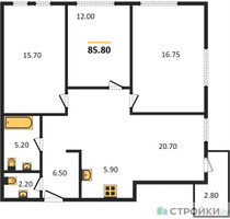 Планировка трехкомнатной(квартира) площадью 87 квадратных метров в “ЖК Twin House (Твин Хаус)”