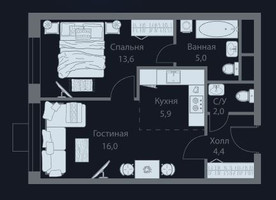 Планировка двухкомнатной(квартира) площадью 46.1 квадратных метров в “ЖК Stellar City (Стеллар Сити)”