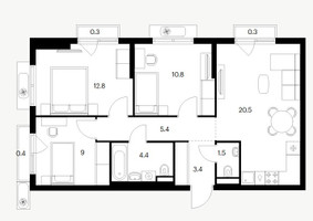 Планировка трехкомнатной(квартира) площадью 68.8 квадратных метров в “ЖК Восточное Бутово”