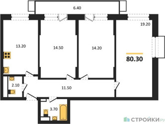 Планировка трехкомнатной(квартира) площадью 80.6 квадратных метров в ЖК “ЖК Пироговская Ривьера”
