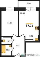 Планировка однокомнатной(квартира) площадью 37.71 квадратных метров в “Зеленый Оазис - Город”